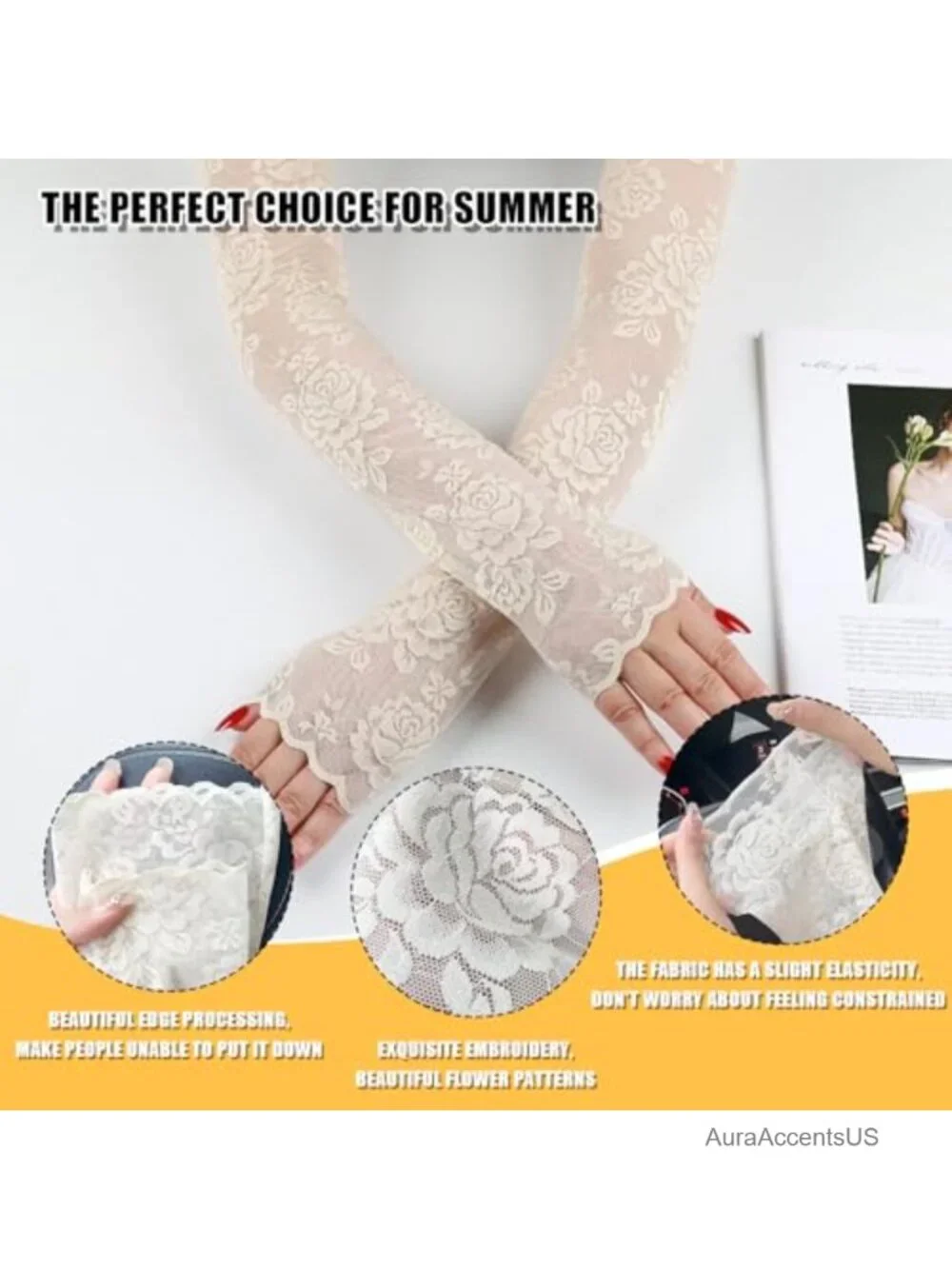 UV Protection Lace Arm Sleeves Floral Hollow Out Fingerless Gloves